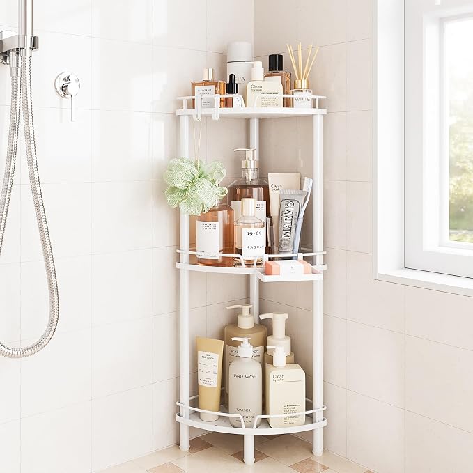 ELYKEN Corner Shower Caddy Standing, 3 Tier Rustproof Metal Shower Organizer with Soap Holder, Floor Shower Corner Shelf Rack Storage Stands with Adjustable Feet & 2 Hooks for Bathroom, White by ELYKEN