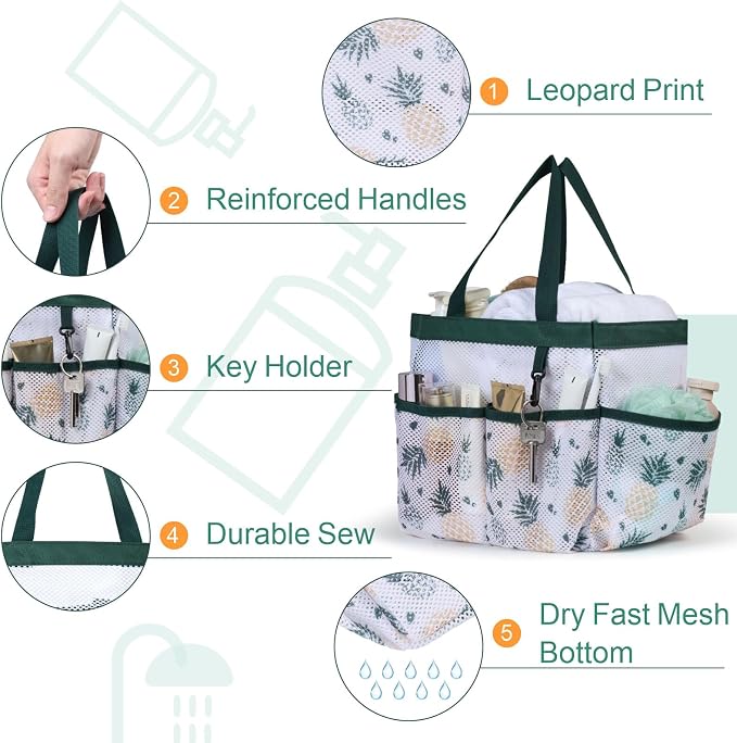 F-color Shower Caddy Portable - Mesh Shower Bag Basket Tote for College Dorm Room Essentials Bathroom Gym Camp Quick Dry for Women Men with S Hook, Green Pineapple - Image 3