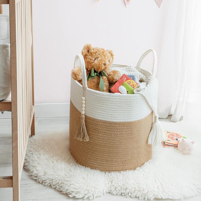 Mkono Woven Storage Basket Decorative Rope Basket Wooden Bead Decoration for Blankets,Toys,Clothes,Shoes,Plant Organizer Bin with Handles Living Room Home Decor, 15"Wx17.7"L,White and Yellow - Image 4