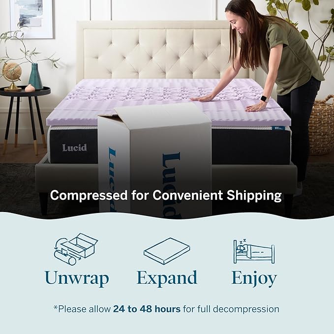 LUCID Lavender Infused 2 Inch Memory Foam Mattress Topper with 5 Zones – Twin Size – Plush Feel – CertiPUR Certified – Dorm Room Essentials