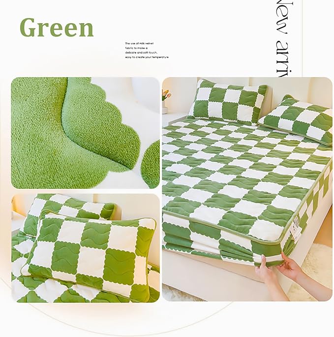 Velvet Fitted Sheet, Soft Velvet Fleece Bed Sheet Mattress Protector Cover with 12'' Deep Pocket Breathable Mattress Pad Cover, Elastic Fitted Mattress Topper(Full-47x79inch, Green)