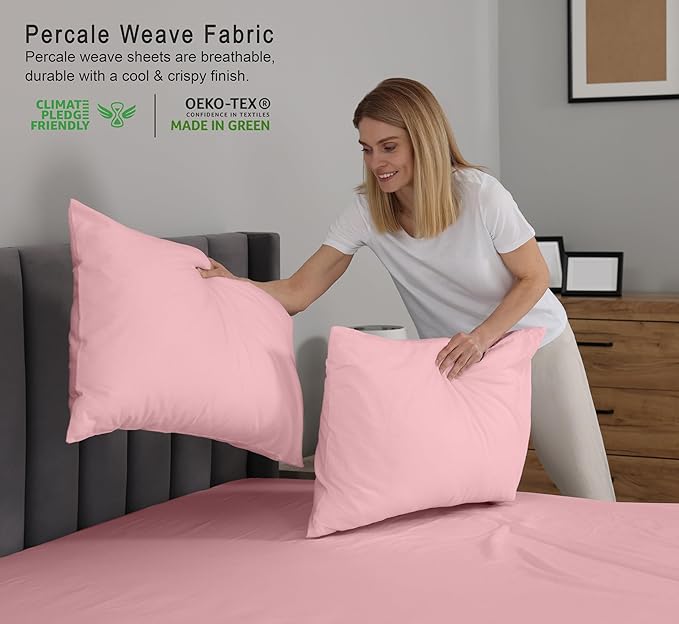RUVANTI 100% Cotton Sheets – King Size Percale Bedding, Cooling & Breathable, Durable with a Crisp, Soft & Comfortable Feel, 16" Deep Pocket, 4-Piece Set, Bridal Rose
