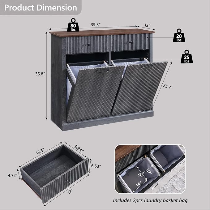 IFBUY Modern Double Tilt-Out Laundry Hamper Cabinet, 20 Gallon Fluted Trash Can Cabinet w/2 Drawers, Wooden Hidden Garbage Can Cabinets w/Laundry Basket, Free Standing for Bathroom and Kitchen, Grey - Image 2