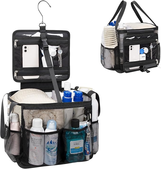 Mesh Shower Caddy Portable, Quick Dry Hanging Toiletry Bag for College Dorm Essentials with 4 Pockets/Divider/Plastic Bottom, Travel Tote Bag for Camping, Bathroom, Beach, Swimming, Gym by CUBETASTIC