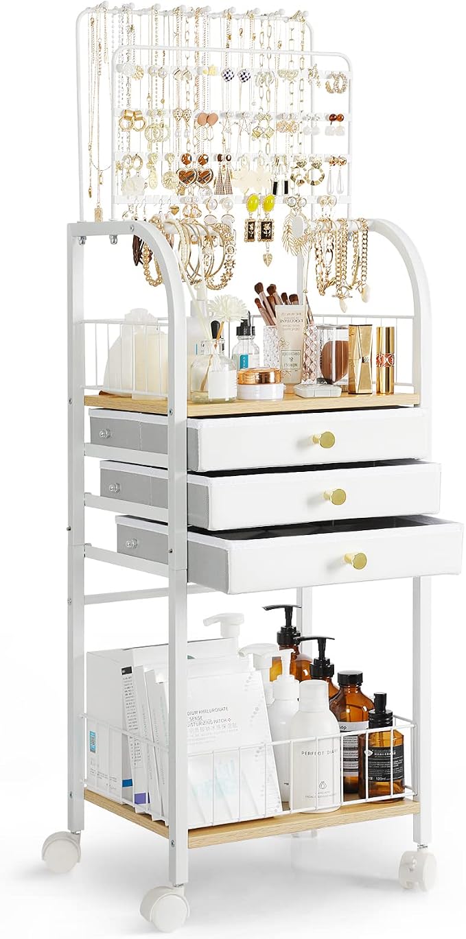 Keebofly Jewelry Organizer Stand with 3 Drawers, Large Necklace Holder & Earring Organizer Rack, Wooden Jewelry Tree Tower for Rings, Bracelets, Sunglasses and Skincare, Gift for Women, White by Keebofly