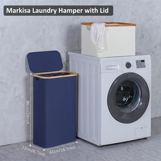Slim Laundry Basket,60L Laundry Hamper with Lid, Tall Hamper for Laundry,Dirty Cloth Hamper with Bamboo Handle for Toys,Towels, Clothes Organizing, Navy Blue - Image 3