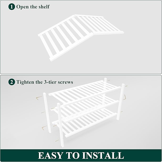 Smiry Bamboo Shoe Rack for Closet, 3 Tier Wooden Stackable Shoe Organizer, Free Standing Shoes Storage Shelf for Entryway, Front Door Entrance, White - Image 6