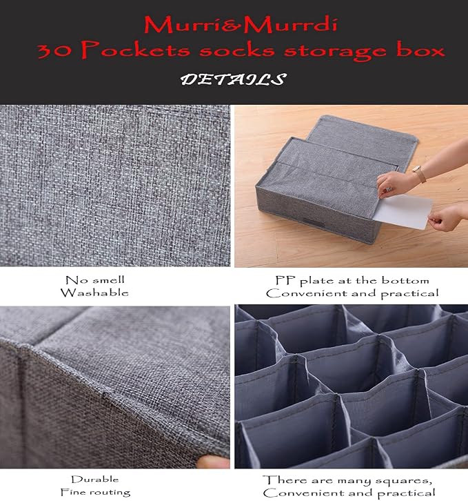 MURRI&MURRDI 2 Packs Sock and Underwear Storage Closet Organizer with Lids, 30 Cells Foldable Drawer Divider, Linen Cotton Storage Box Bin for Lingerie, Ties, Scarves, Grey - Image 4