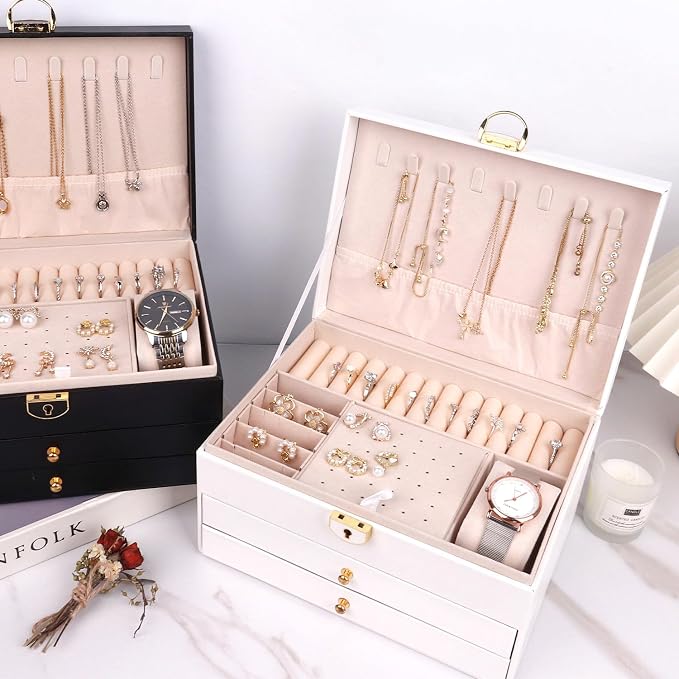 3 Layer Jewelry Box Organizer with Drawers, Lockable PU Leather Jewelry Storage Case for Mothrer's Day gifts Necklace Earring Ring Bracelet Watch, White - Image 9