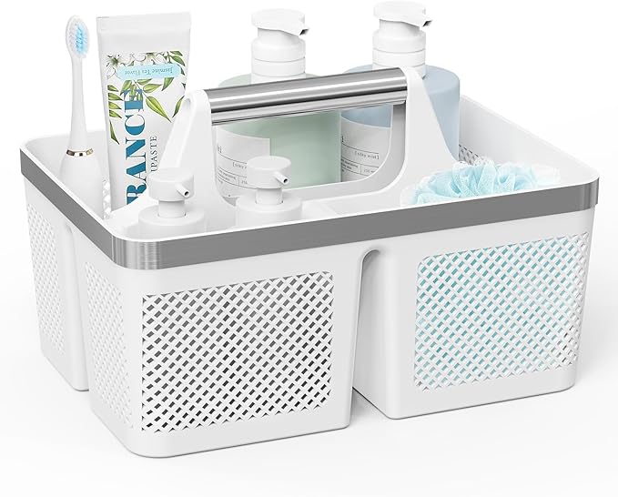 BYUNER Plastic Shower Caddy Dorm: Portable Bathroom Caddy Organizer with Handle and Holes, Cleaning Basket, Hard Shower Basket Storage Tote for Toiletry, College Dorm Room Essentials White/Silver by MakesYourHomeMoreOrganized