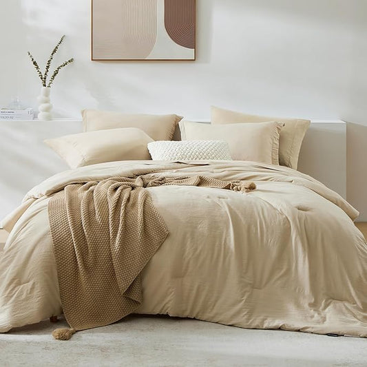 WRENSONGE Twin Comforter Set- 5 Pieces Beige, All Season Twin XL Bedding Sets with 1 Fitted Sheet, 1 Flat Sheet, 1 Pillow Sham and 1 Pillowcase