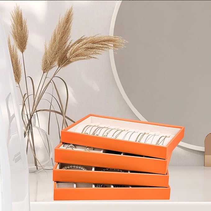 LANDICI Stackable Jewelry Organizer Trays 4 Set,PU Leather Jewelry Organizer Drawer,Jewelry Storage Display Tray for Earring Necklace Rings Bracelet with Removable Dividers,Orange - Image 6