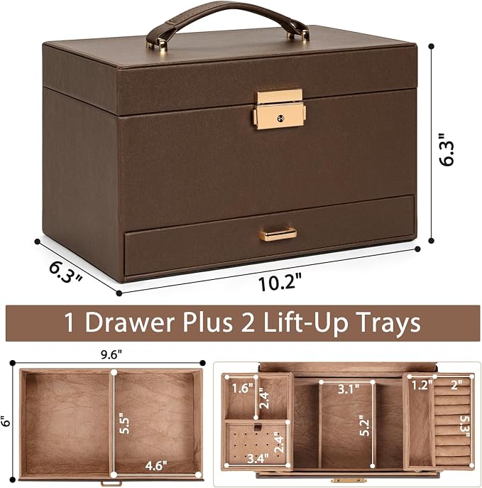 AKOZLIN Travel Jewelry Box Organizer Functional 2-trays Leather Jewelry Storage Case with Lockable Portable Drawer for Women Girls Ring Necklace Earring Bracelet - Image 6