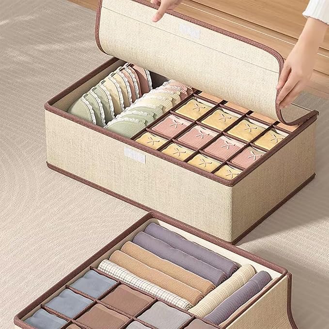 Sock Underwear Organizer Divider with Lid, 1+16 Cells Drawer Fabric Foldable Cabinet Closet Storage Boxes for Storing Socks, Underwear, Ties (Beige) - Image 7