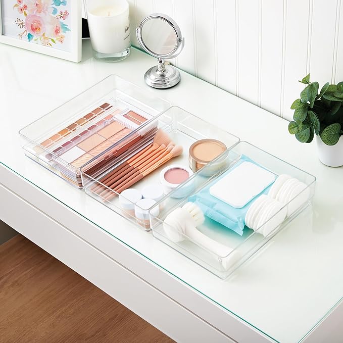 STORi SimpleSort 3-Piece Stackable Clear Drawer Organizer Set | 9" x 6" x 2" Rectangle Trays | Wide Makeup Vanity Storage Bins and Office Desk Drawer Dividers | Made in USA - Image 7