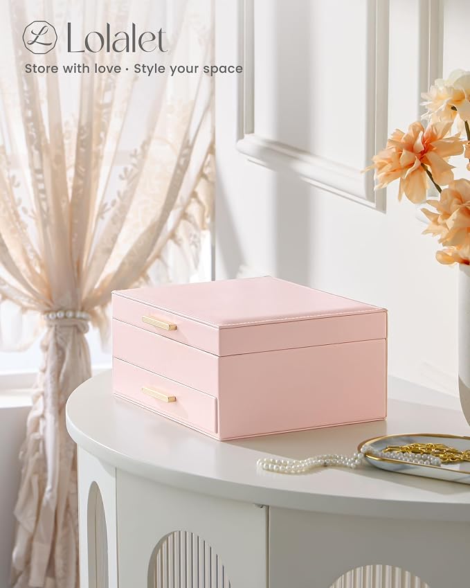 Lolalet 2-Layer Jewelry Box Organizer for Women Girls, Jewelry Storage Case Holder with Drawers for Necklaces Ring Earrings Bracelet Watch, Gifts Choice for Mom Mother’s Day -Pink - Image 3