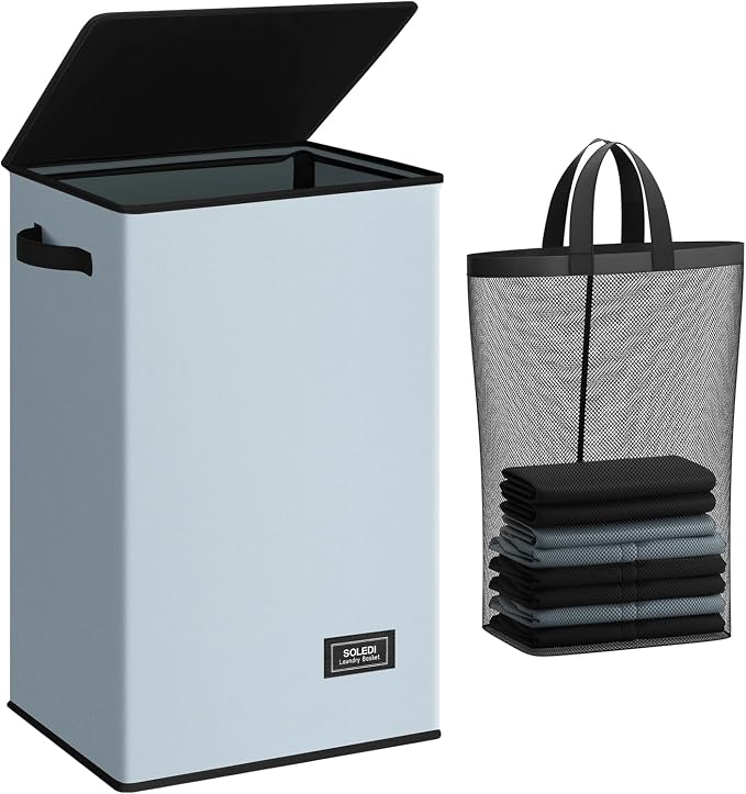 SOLEDI Laundry Hamper with Lid 90L Large & Tall Collapsible Laundry Basket, Clothes Hamper with Bag Removable Easy to Carry, Dirty Hampers for Bedroom, Bathroom, Dorm, College, Blue Grey by SOLEDI