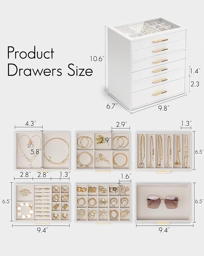 VLANDO 6 Layer Jewelry Box for Women, Glass Lid Jewelry Organizer with 6 Drawers for Necklaces Rings Earrings Bracelets - White - Image 3