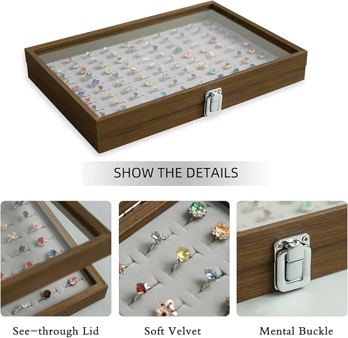 Stratalife Ring Organizer Wood Jewelry Box Ring Holder 100 Slot Jewelry Case Vintage Storage Display Tray for Multiple Rings - Image 2