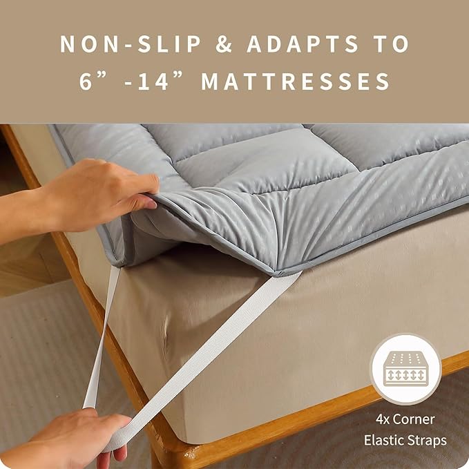 Quilted Fitted Mattress Pad, Elastic Fitted Mattress Topper Protector and Cover Stretches up to 14 Inches Deep, 4 Anchor Elastic Bands, Machine Washable (Lgrey, Queen)