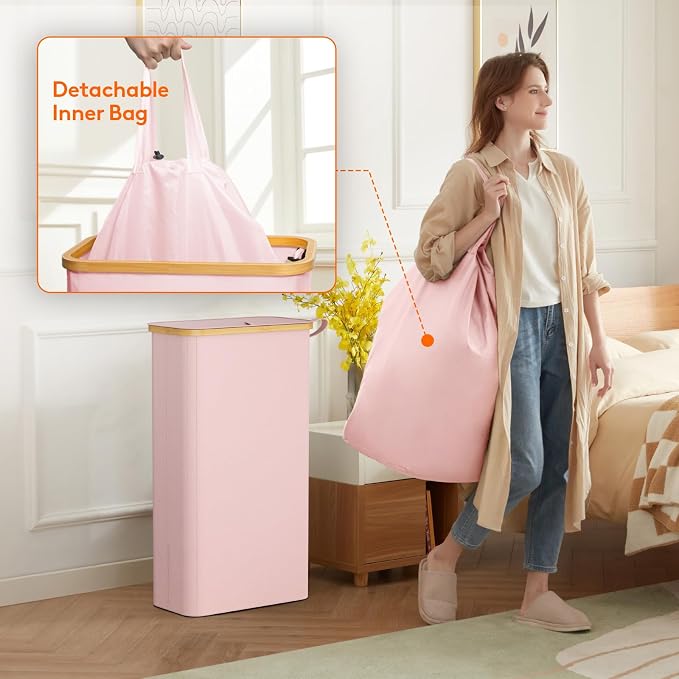 Lifewit 65L Slim Laundry Hamper with Lid, Narrow Laundry Basket with Removable Bag & Bamboo Handles, Fodable Thin Dirty Clothes Hamper for Laundry Collapsible Bin for Bathroom Bedroom Dorm, Pink - Image 4