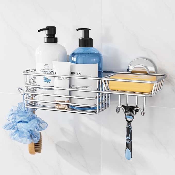 TAILI Shower Caddy Suction Cup with Hooks & Soap Holder, Heavy Duty Bathroom Shower Organizers, Removable Bathroom Shelves for Inside,Stainless Steel Bathroom Holder by TAILI
