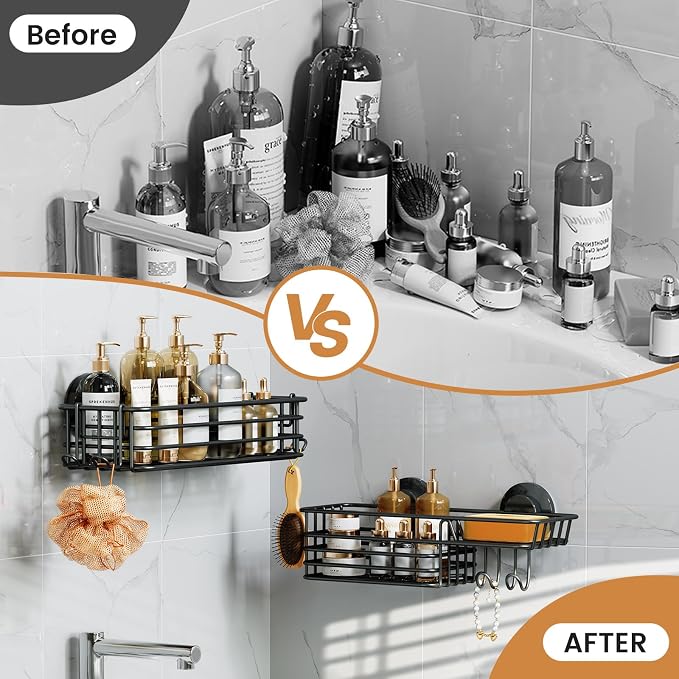 LEVERLOC Shower Caddy Suction Cup, 2 Pack Shower Shelves for Inside Shower with Hooks & Soap Holder, NO-Drilling Bathroom Shower Organizer, Rustproof Meatl Shower Holder Storage, Black - Image 9