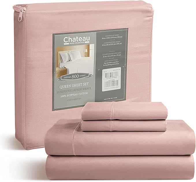 100% Cotton Bed Sheets Queen Size Bed Set, 800TC 15" Deep Pocket Queen Sheet Set, Soft Breathable Sateen Weave Egyptian Cotton Sheets No Pill & Shrink, Machine Washable Pink Sheet- Sepia Rose