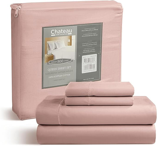 100% Cotton Bed Sheets Queen Size Bed Set, 800TC 15" Deep Pocket Queen Sheet Set, Soft Breathable Sateen Weave Egyptian Cotton Sheets No Pill & Shrink, Machine Washable Pink Sheet- Sepia Rose