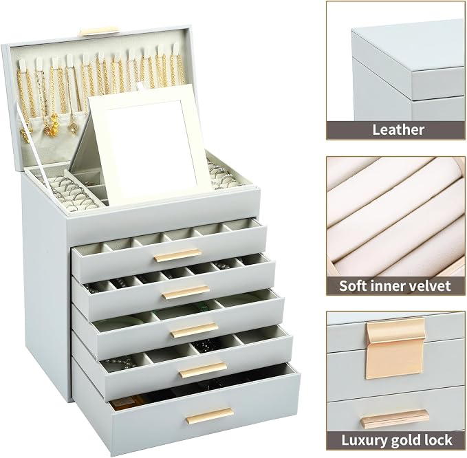BOOVO Jewelry Boxes for Women, White and Black 6 Layer Large Jewelry Box for Necklace, Bracelet, Earrings, Rings Storage, Jewelry holder Organizer for Girls Gift (Grey and Gold, 6 layer) - Image 2
