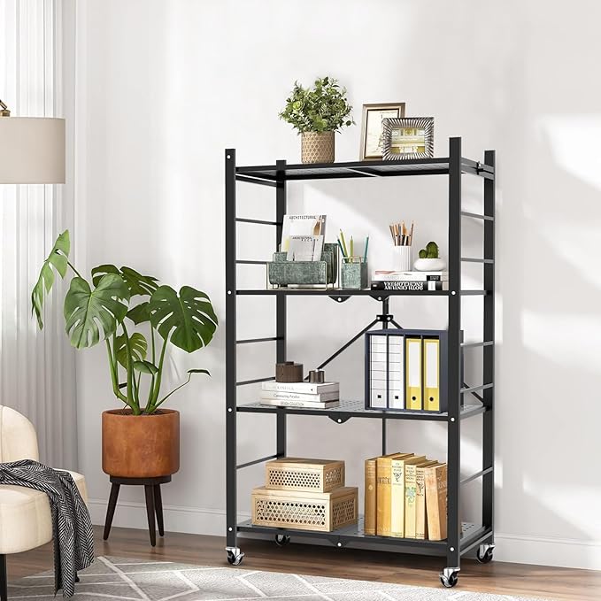 Himix Storage Shelves with 20 Hooks, 4-Tier Foldable Shelves for Storage, Folding Shelf Unit Pantry Shelves with Wheels, Metal Shelving Storage Rack Shelf for Kitchen Garage Home, Black - No Assembly - Image 2