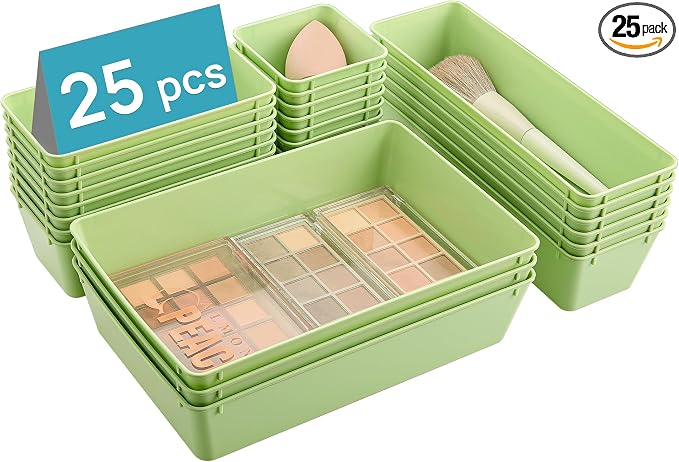 Vtopmart 25 PCS Plastic Drawer Organizers Set, 4-Size Versatile Bathroom and Vanity Drawer Organizer Trays, Storage Bins for Makeup, Bedroom, Kitchen Gadgets Utensils and Office by Vtopmart