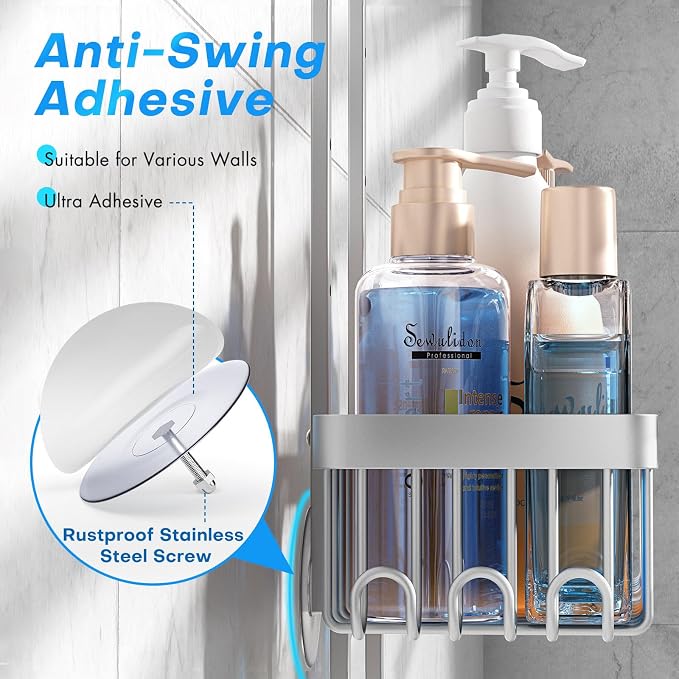 Sewulidon Aluminum Alloy Hanging Shower Caddy for Handheld Shower Heads,Rustproof Hose Shower Organizer 4 Levels Height Adjustable Shower Rack with Hooks,Razor Holder,Soap Holder - Image 3