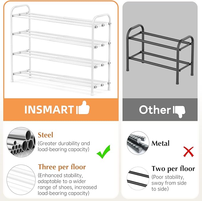 INSMART 4-Tier Expandable Shoe Rack, Stackable and Adjustable Shoes Organizer Storage Shelf, Sturdy and Durable Metal Structure Free Standing Shoe Rack for Closet Entryway Doorway, White - Image 3