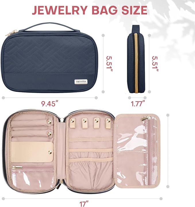Jewelry Travel Case Organizer for Necklaces, Earrings, Rings, Bracelet, Watch, Soft Sided, Blue - Image 2