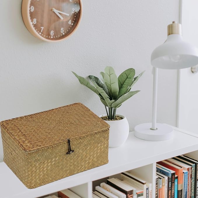 Wicker Storage Basket with Lid, Natural Seagrass Woven Shelf Basket for Storage, Rectangular Decorative Storage Bins Boxes Home Organizer Decor (Natural, Medium) - Image 3