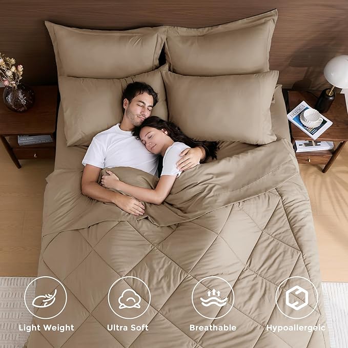 HEVUMYI Khaki Twin Comforter Set - 5-Piece All Season Bed in a Bag Twin, Ultra Soft Bedding Set with Comforter, Flat Sheet, Fitted Sheet, Pillowcases, Pillow Shams