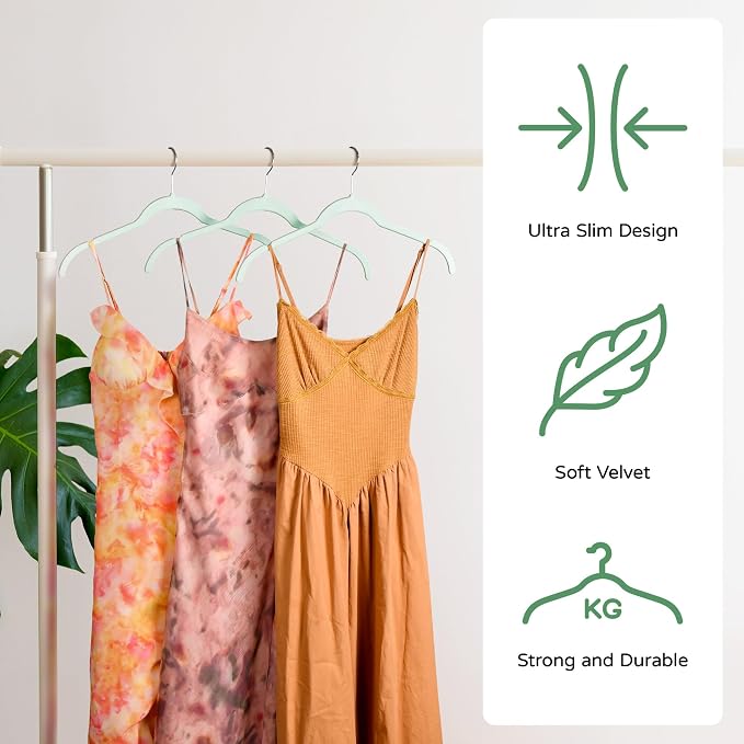 SIshynio 30 Pack Velvet Hangers – Non-Slip Slim Clothes Hangers with 360° Swivel Hook, Space-Saving Flocked Shirt Hangers for Coats, Dresses, Blouses, Suits(Green) - Image 3