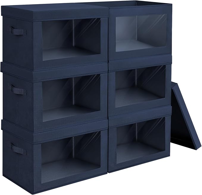 Homsorout Stackable Storage Bins with Lids - Large Storage Box with Lids, Foldable Closet Boxes for Organizing, Wardrobe Clothes Organizer with Window, Cubes Bins for Living Room, 6 Pack, Navy Blue by Homsorout