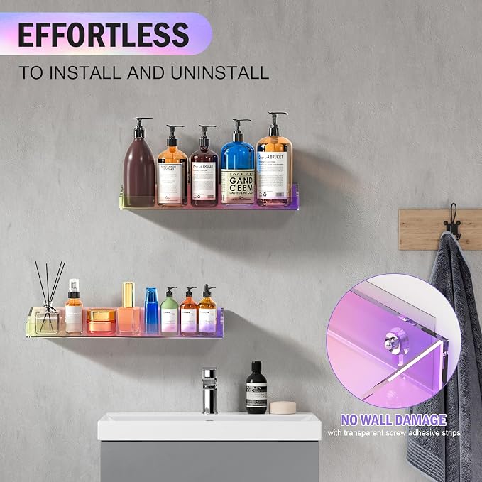 Bakzon 2 Pack Acrylic Shelves for Wall Storage, 15" Floating Shelves, Kids Bookshelf, Nail Polish Holder, Perfume Display Shelf Organizer for Bathroom, Bedroom, Living Room, Iridescent - Image 6