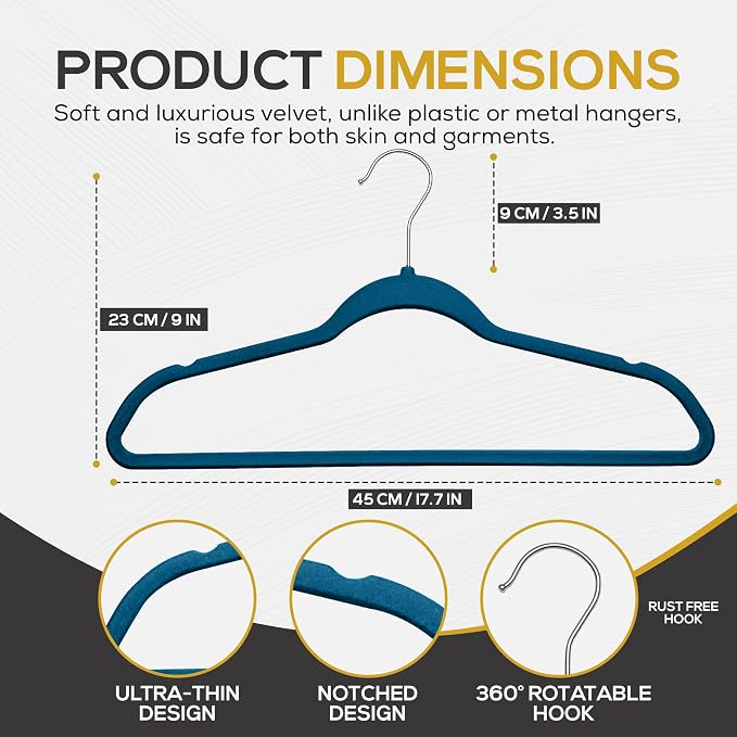 Techzoo Premium Velvet Hangers 50 Pack Ultra Thin Non Slip Adult Felt Space Saving Slim Suit Hanger for Closet Heavy Duty Coat Pants Jackets Dress Hangers 360° Swivel Hook Hold Upto 10 lbs Blue - Image 2