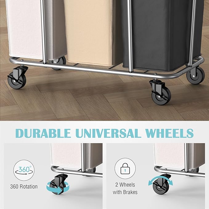 PLKOW Laundry Sorter 3 Section, 220L Large Laundry Cart with Wheels 3 Hamper Laundry Sorter with Steel Frame and Removable Bag, Rolling Laundry Cart for Home, Laundry Room, Hotel, 6 Bushel - Image 4