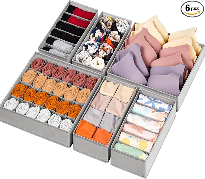 Criusia 6 Pack Sock Underwear Drawer Organizer Dividers, 58 Cell Foldable Fabric Dresser Closet Organizers and Storage Bins for Clothing, Baby Clothes, Bra, Panty, Scarf, Ties (Grey) by Criusia