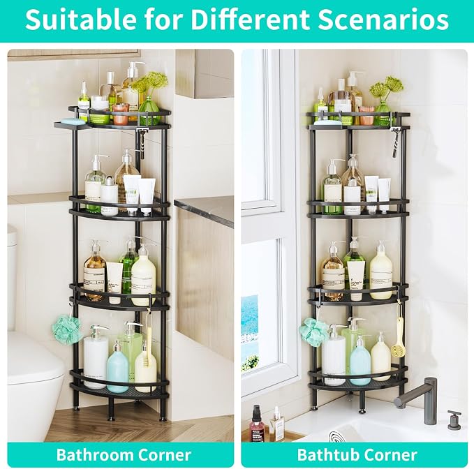 HapiRm Standing Corner Shower Caddy - 4 Tier Shower Organizer Corner with Soap Holder and 4 Hooks, Rustproof Bathroom Storage Shelves with Adhesives, Black - Image 5