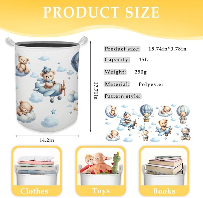 Baby Nursery Laundry Basket, Toybox for Boys Girls Room, Cute Blue Bear Laundry Basket Hamper Waterproof Collapsible Clothes Toys Storage Bin Organizer for Kids Room Playroom Bedroom Bathroom - Image 7