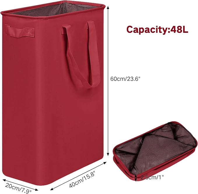 efluky Slim Laundry Basket, Narrow Laundry Hamper with Handles, Collapsible Dirty Clothes Hamper, Tall Laundry Bin for Laundry Room, Dorm and Bedroom, 48L (12.7 Gallon) Burgundy Red - Image 2