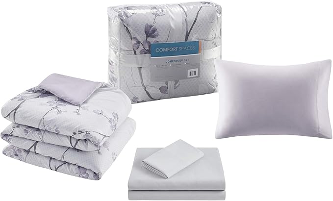 Comfort Spaces Bed in A Bag - Trendy Casual Design Cozy Comforter with Complete Sheet Set with Side Pocket, All Season Cover, Matching Shams Twin(66"x90"), Kate, Grey/Purple 6 Piece
