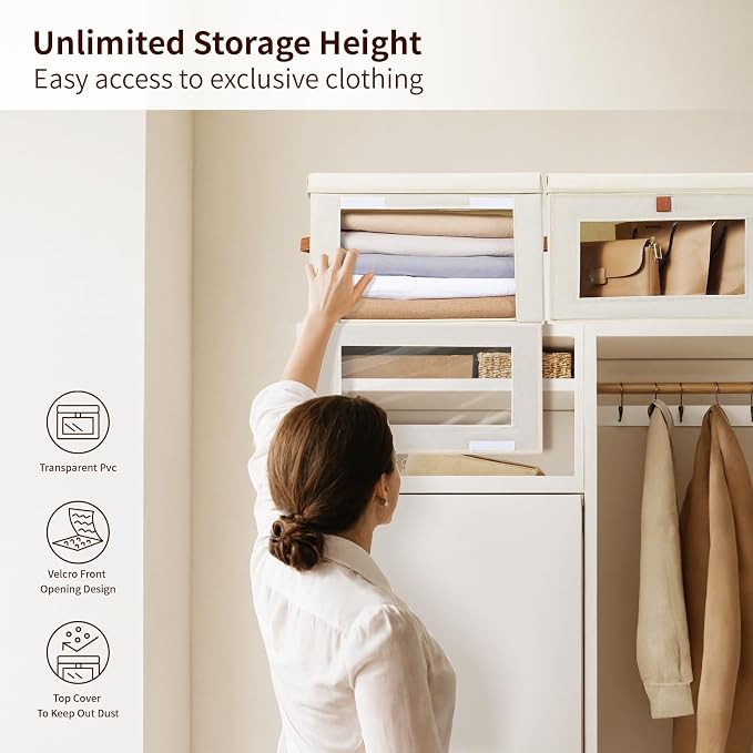 Homsorout Large Closet Storage Organizer - Clothes Storage Bins with Handles & Window, Collapsible Decorative Boxes with Lids, Fabric Containers for Living Room, Dorm, 2 Pack, Beige - Image 2