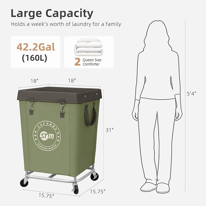STORAGE MANIAC Commercial Laundry Hamper with Heavy Duty Steel Frame, 160 L Industrial Laundry Basket Cart with Wheels for Hotel, Home, Laundry Room, 18''L x 18''W x 31''H, Medium Green - Image 3