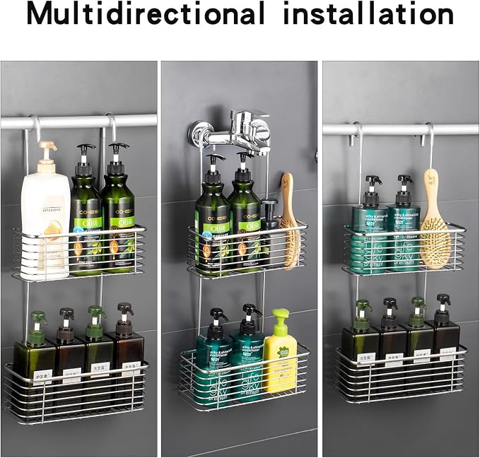 YQh Stainless steel double-layer shower rack, shower room hanging bathroom organizer, storage rack installed on the hanging bar or door, can store shampoo, hair conditioner, shower gel (double) - Image 6